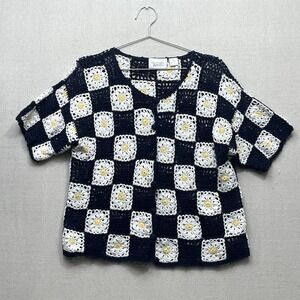 Christopher & Banks Crochet Grannycore Square Top Daisy Knit Cottagecore Large
